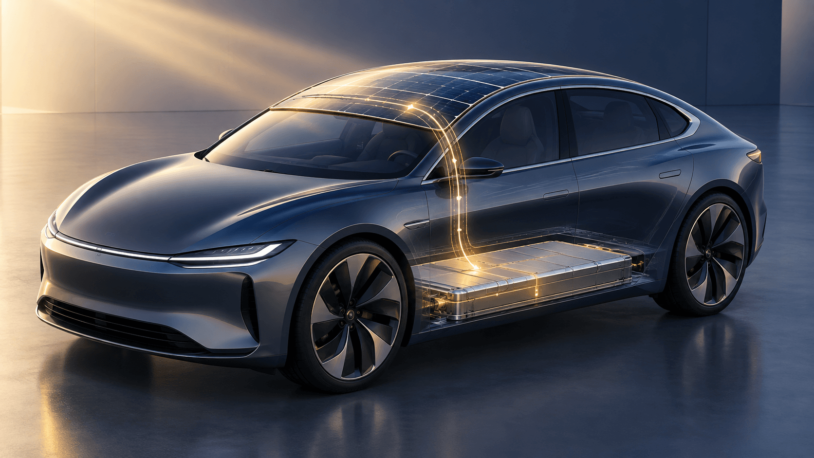 Concept illustration of solar cells on an electric vehicle roof with an energy path to a battery