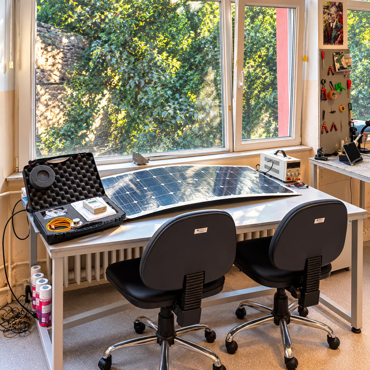 Solar panel test bench with measurement equipment and a power supply